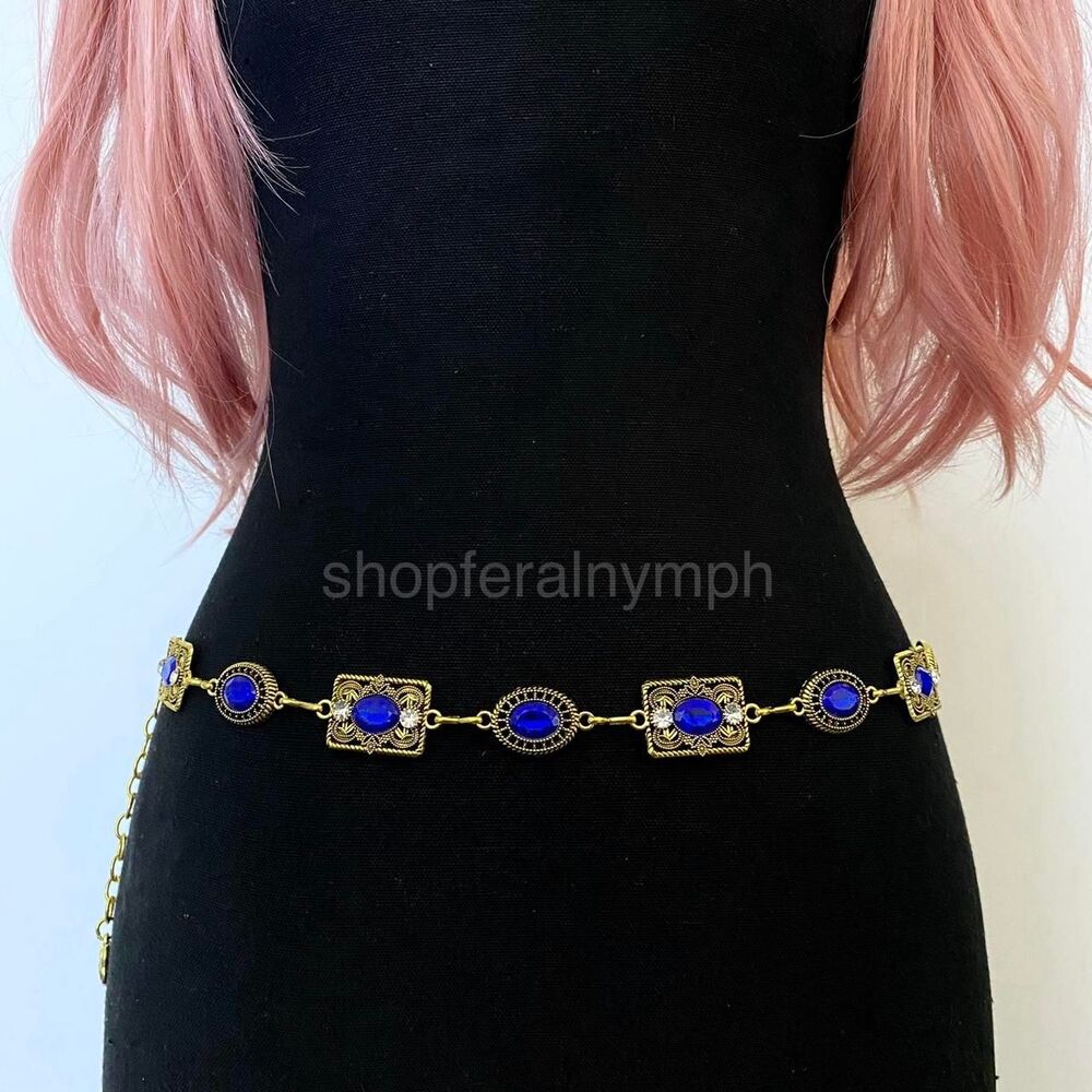 Gold Y2K Sapphire Blue Jewel Whimsygoth Chain Belt, Fits 26-34 Inches, X7GA1380